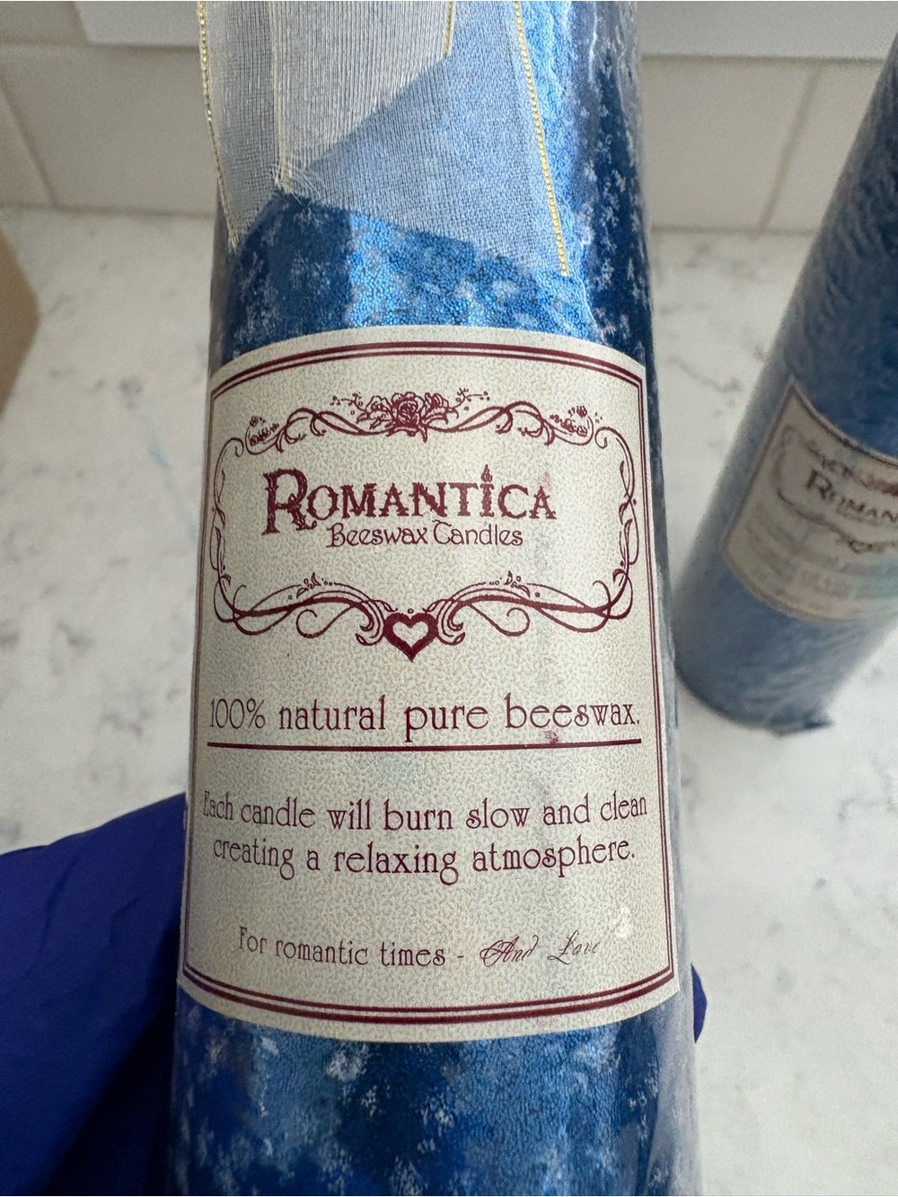 Romantica Blue Decorative Pillar Candles - Set of 2 - Picture 2 of 4